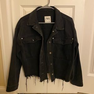 Zara raw hem cropped black denim jacket